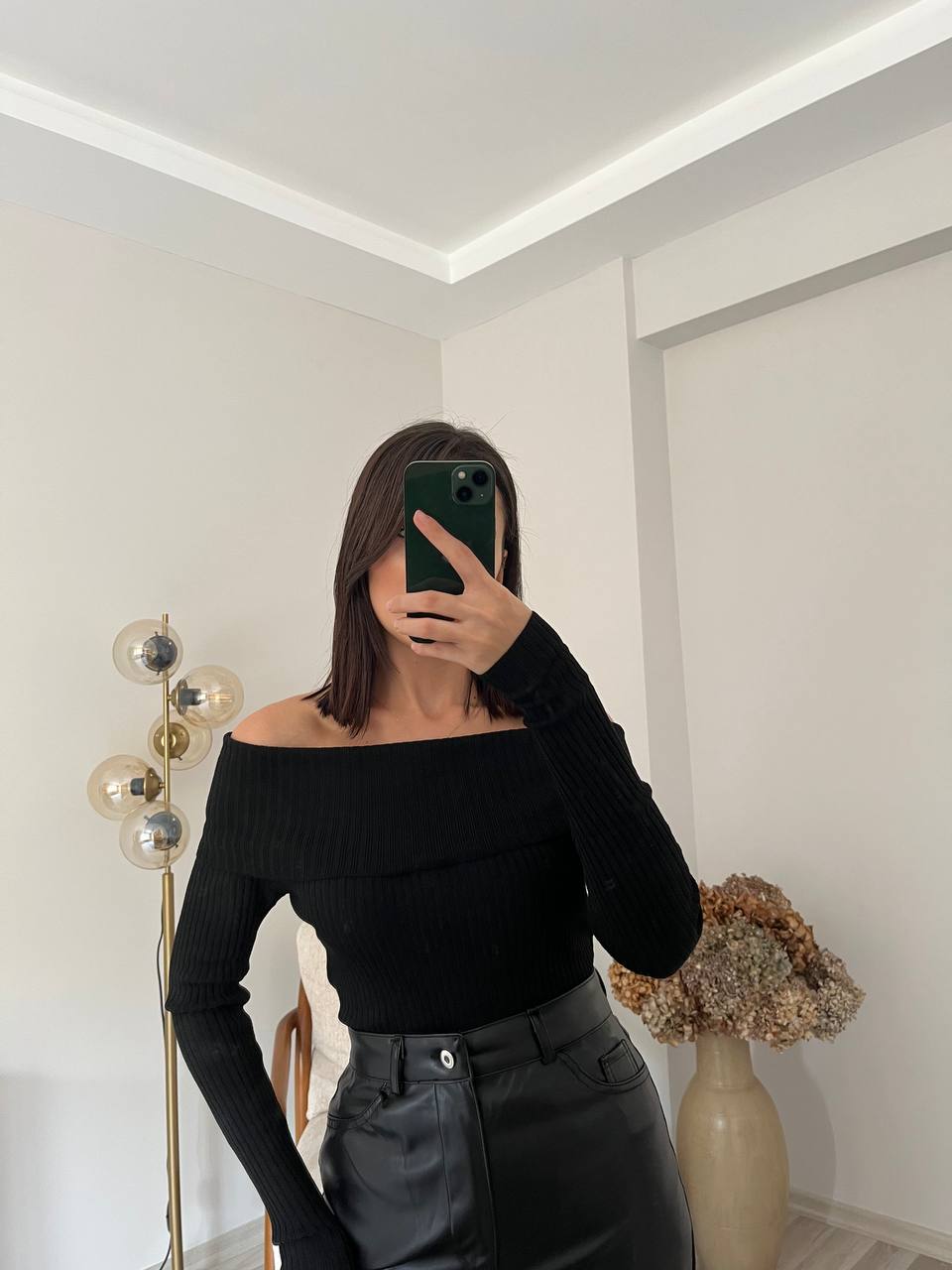 Şal Yaka Uzun Kollu Bluz - Siyah