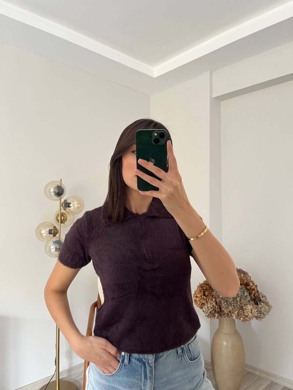 Polo Yaka Fermuarlı Kısa Kol - Bordo