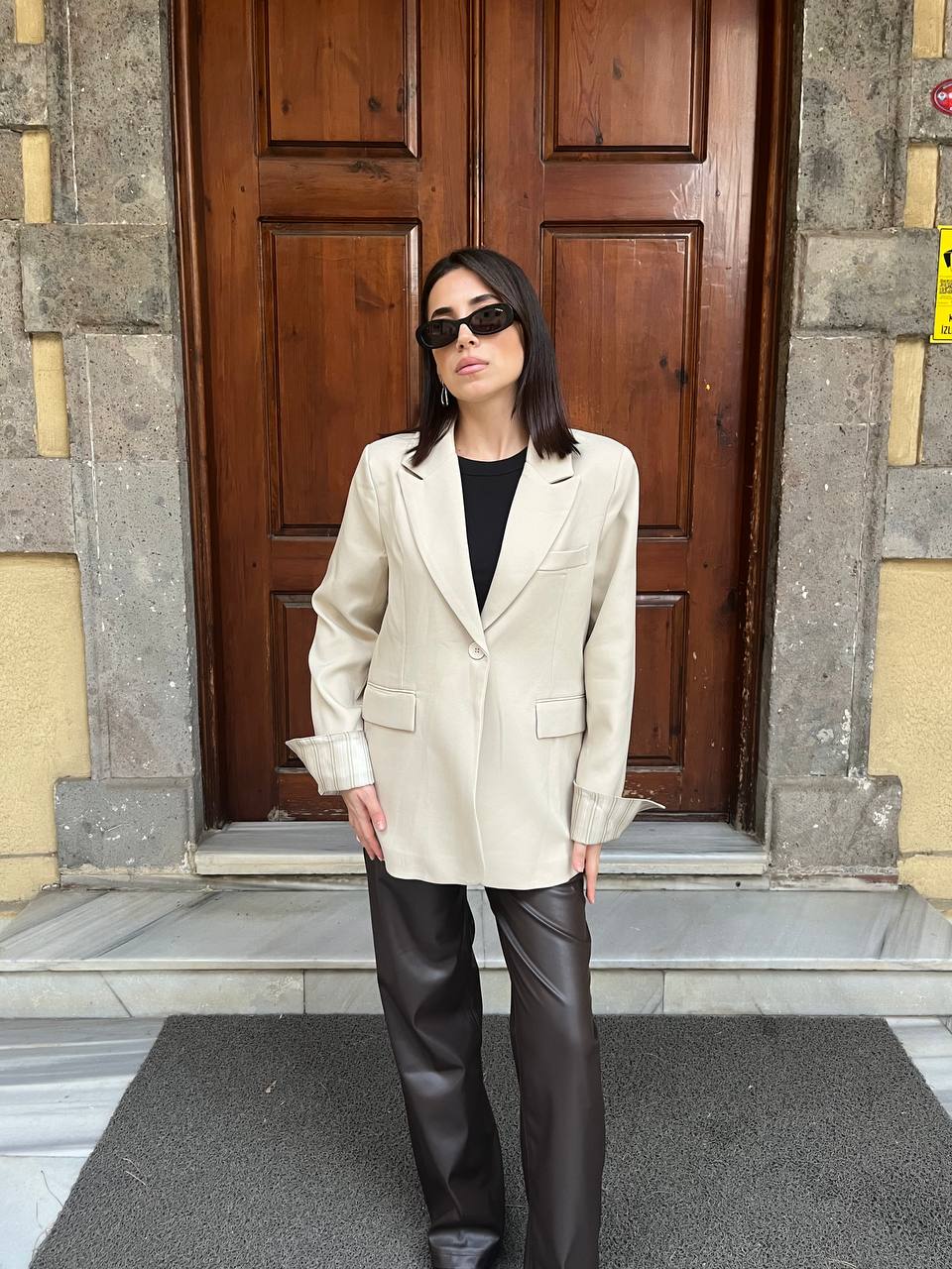 Astarlı Çizgili Blazer Ceket - Krem