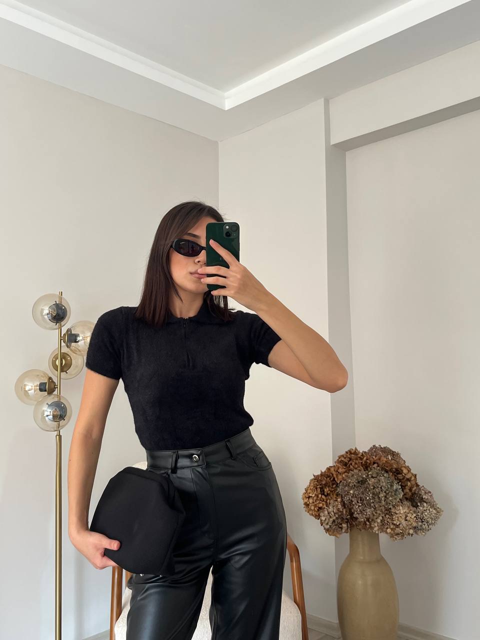 Polo Yaka Fermuarlı Kısa Kol - Siyah