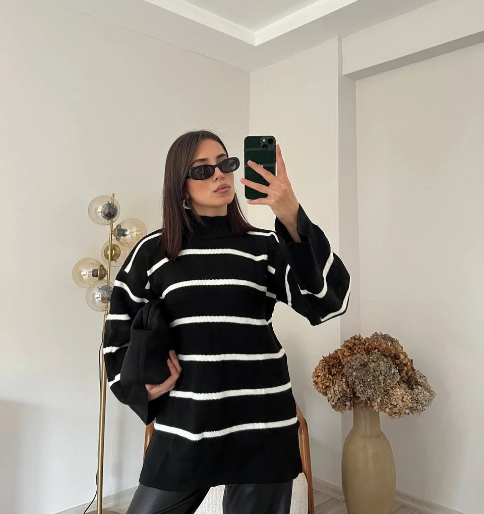 Çizgili Triko Kazak - Siyah
