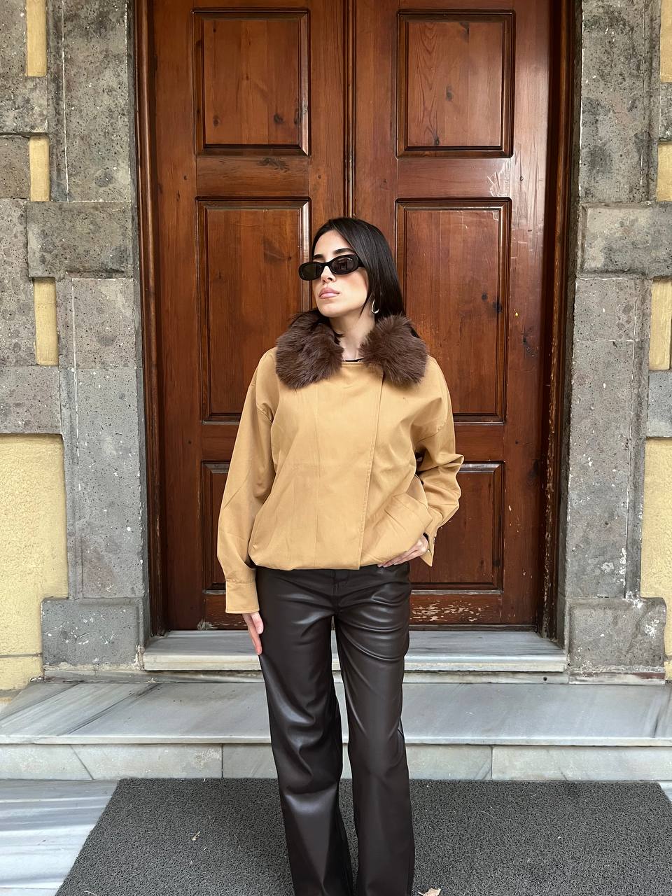 Yakası Kürklü Parka Bomber Ceket - Camel