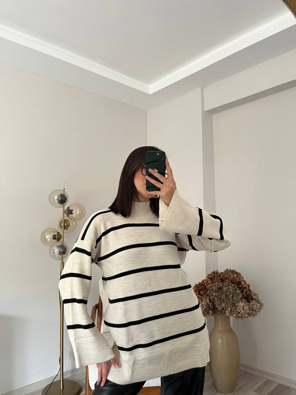 Çizgili Triko Kazak - Beyaz