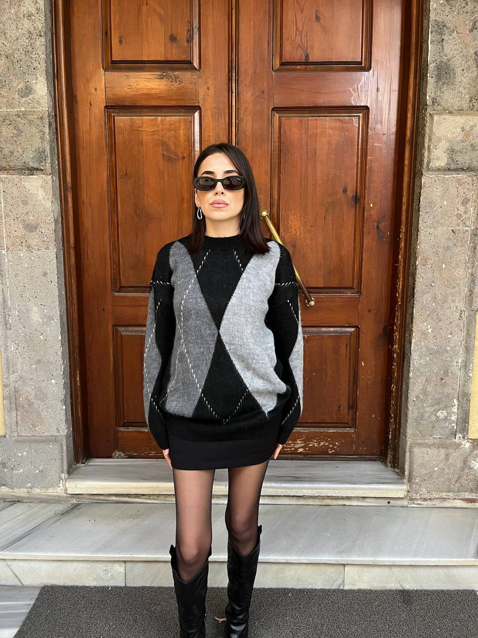 Baklava Desen Oversize Triko Kazak - Gri