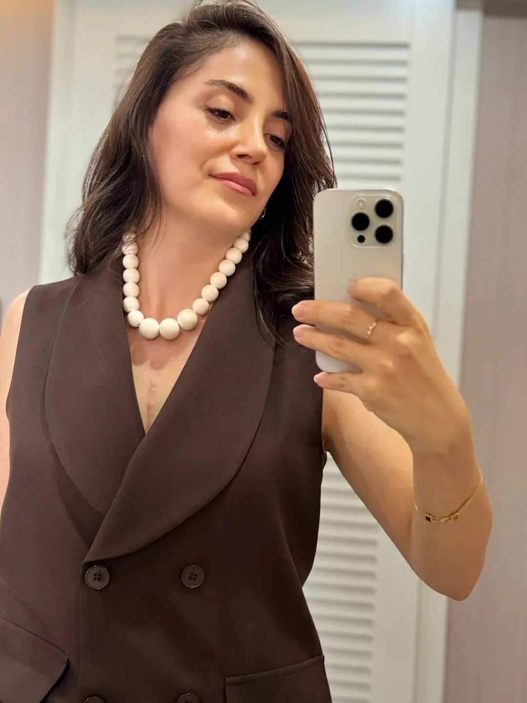 Kruvaze Yelekli Takım - Kahverengi