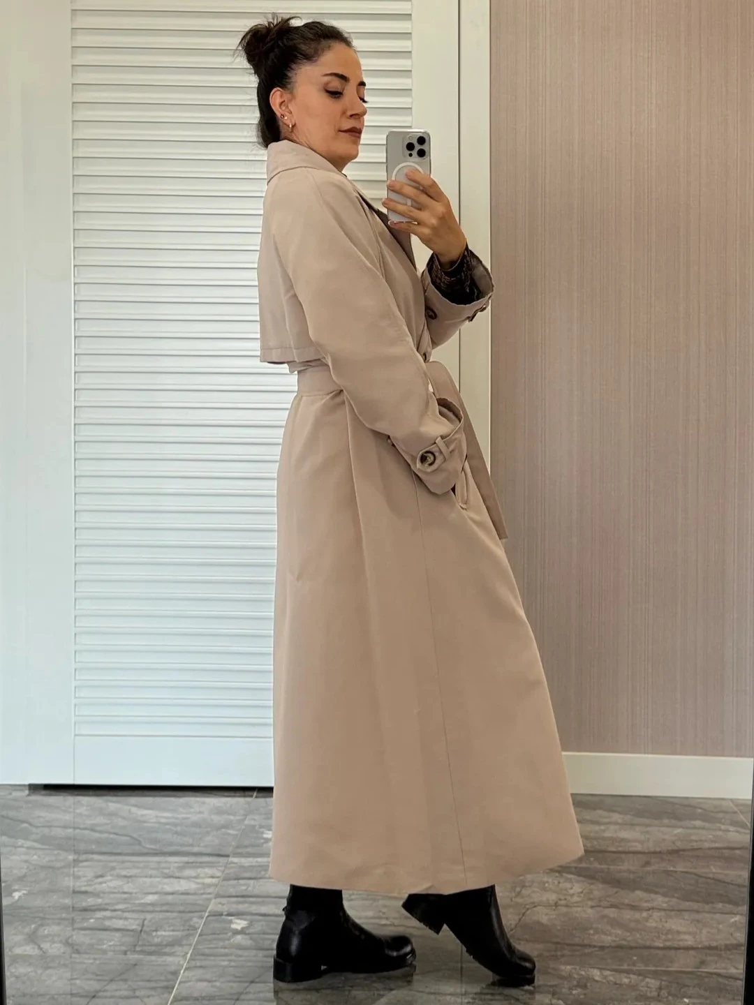 Uzun Trençkot - Taş Rengi