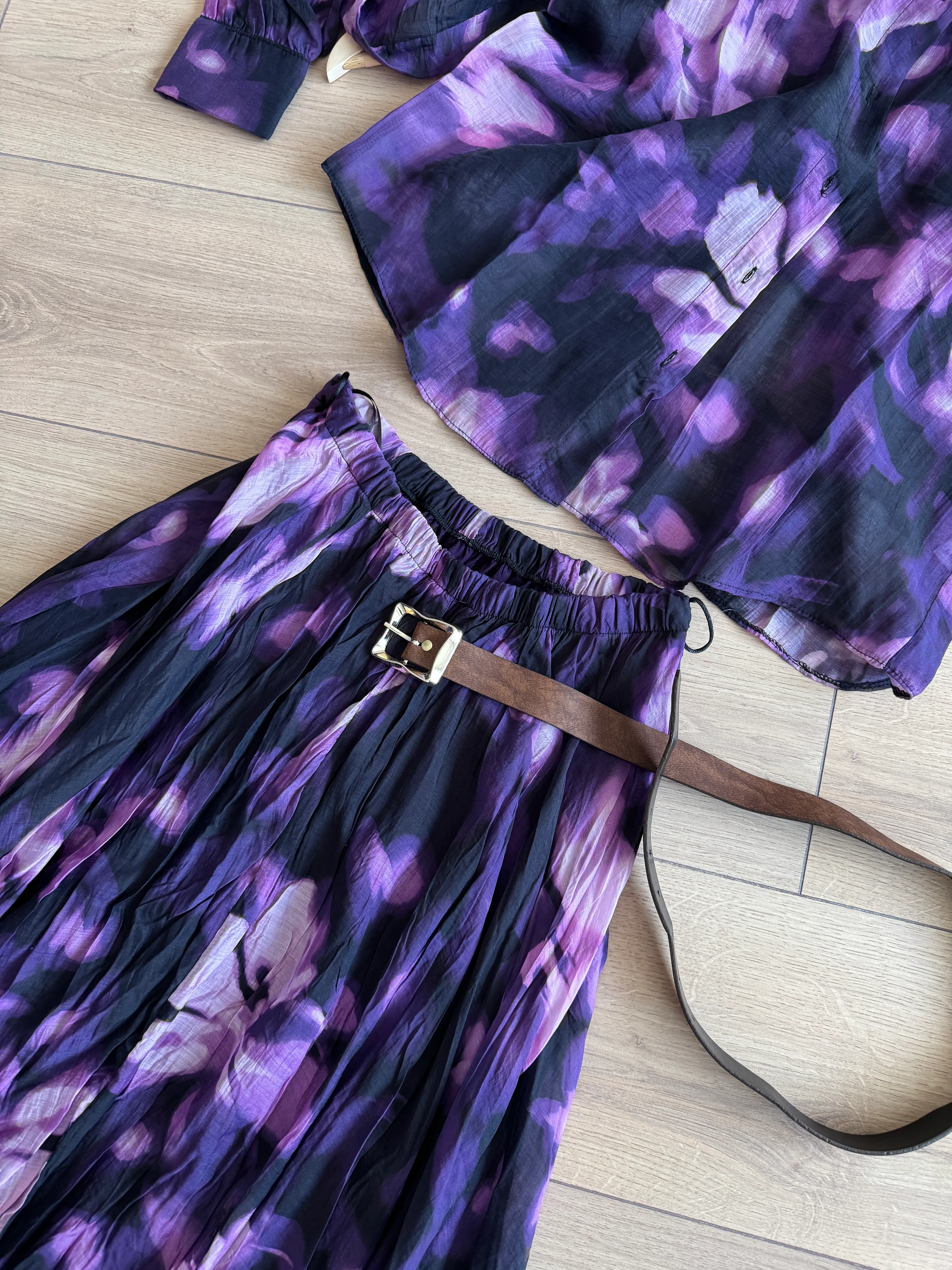 Şifon Gömlek ve Kraşlı Kloş Etek Takımı - Mürdüm