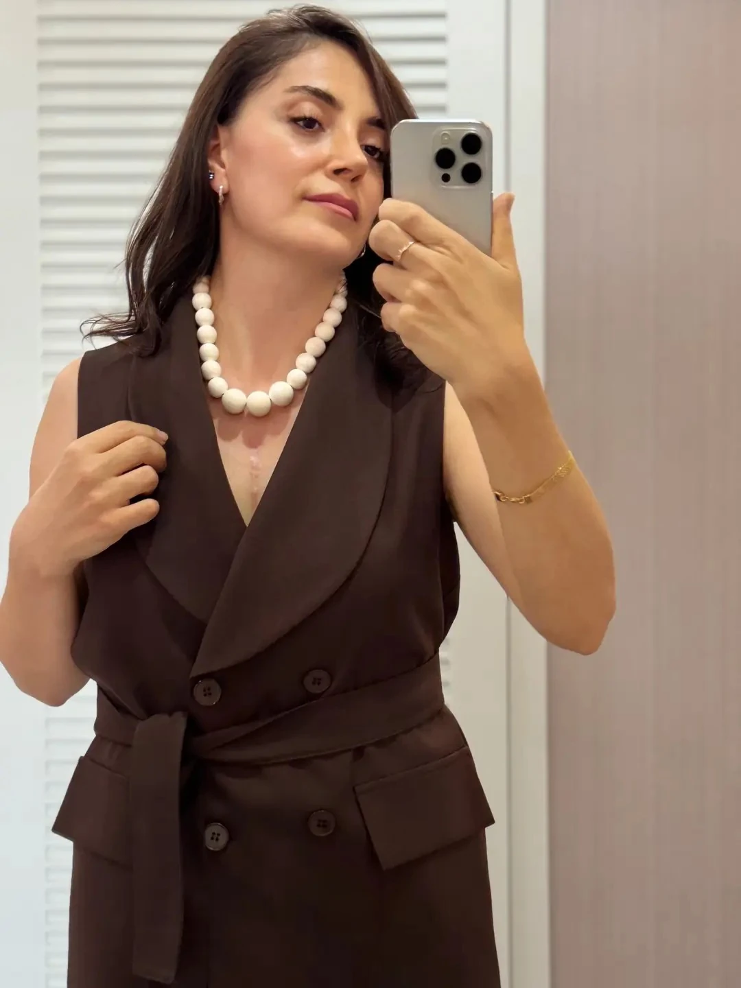 Kruvaze Yelekli Takım - Kahverengi