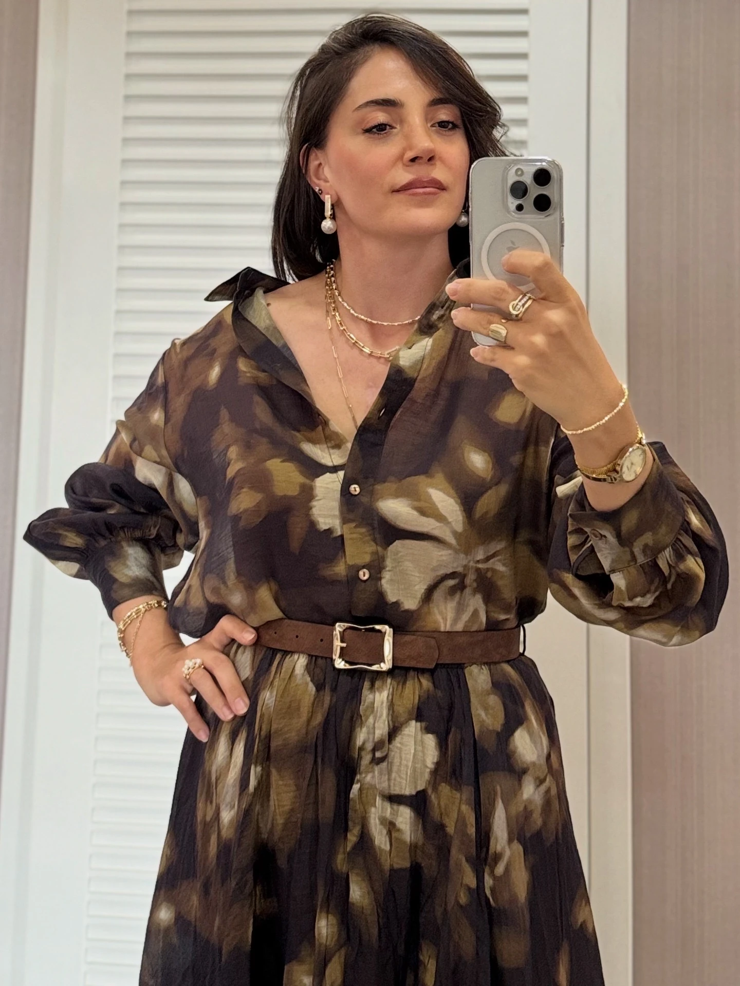 Şifon Gömlek ve Kraşlı Kloş Etek Takımı - Kahverengi