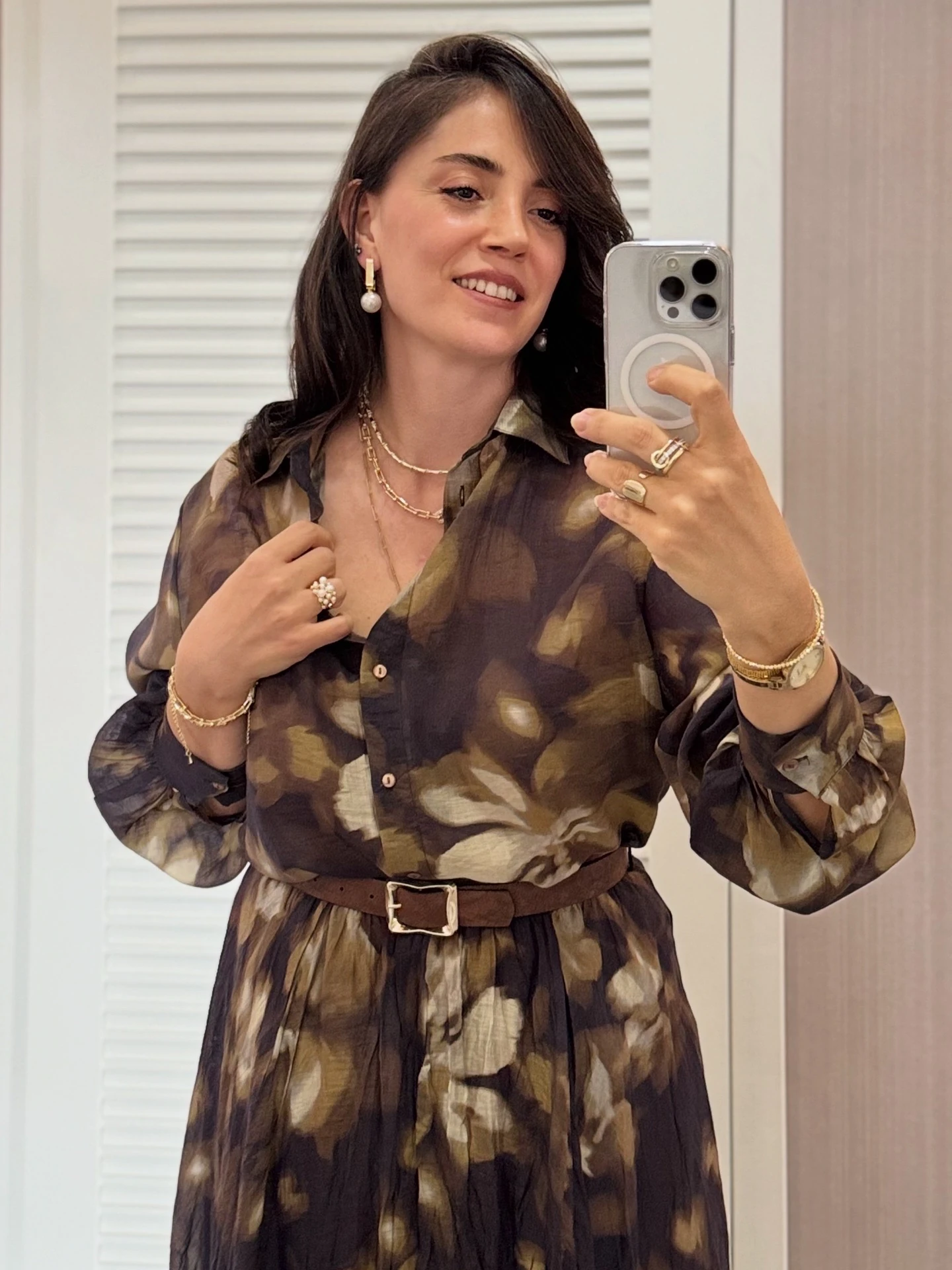 Şifon Gömlek ve Kraşlı Kloş Etek Takımı - Kahverengi