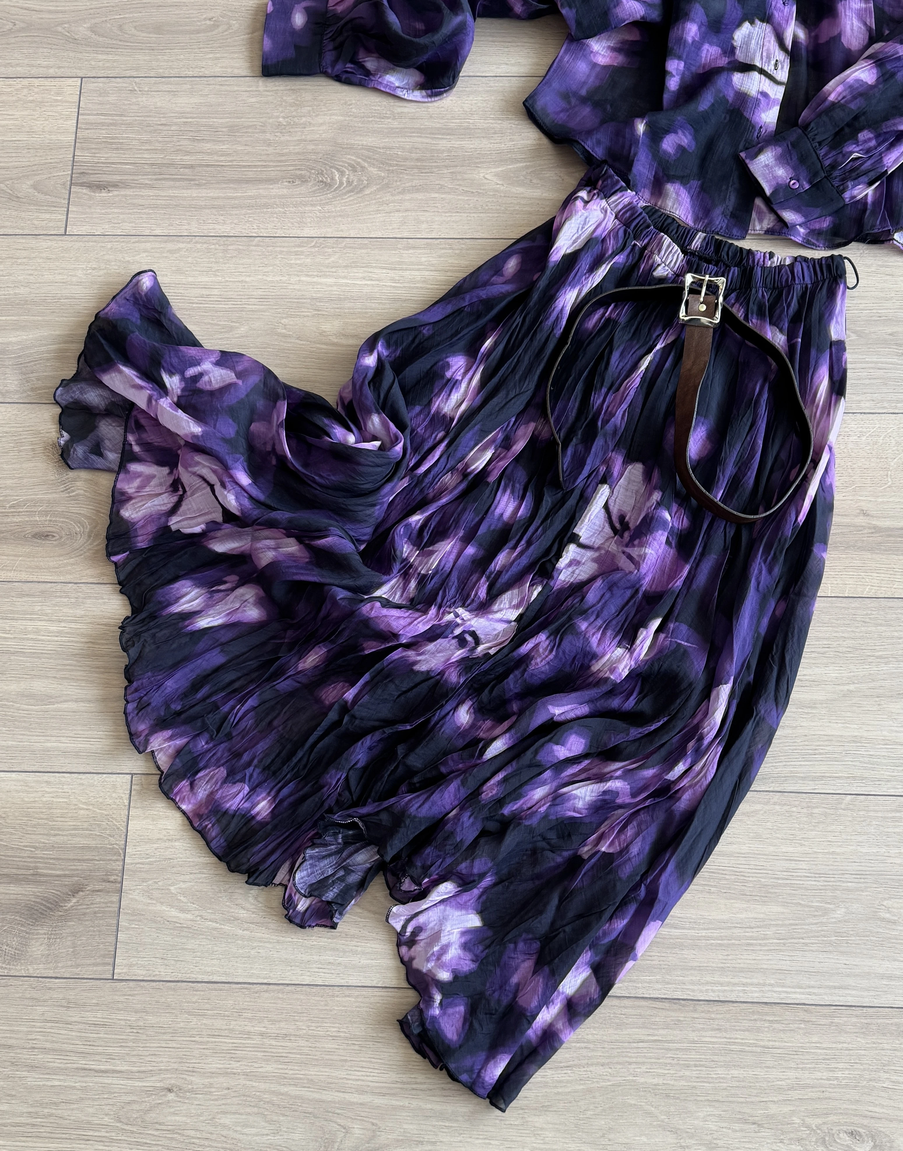 Şifon Gömlek ve Kraşlı Kloş Etek Takımı - Mürdüm