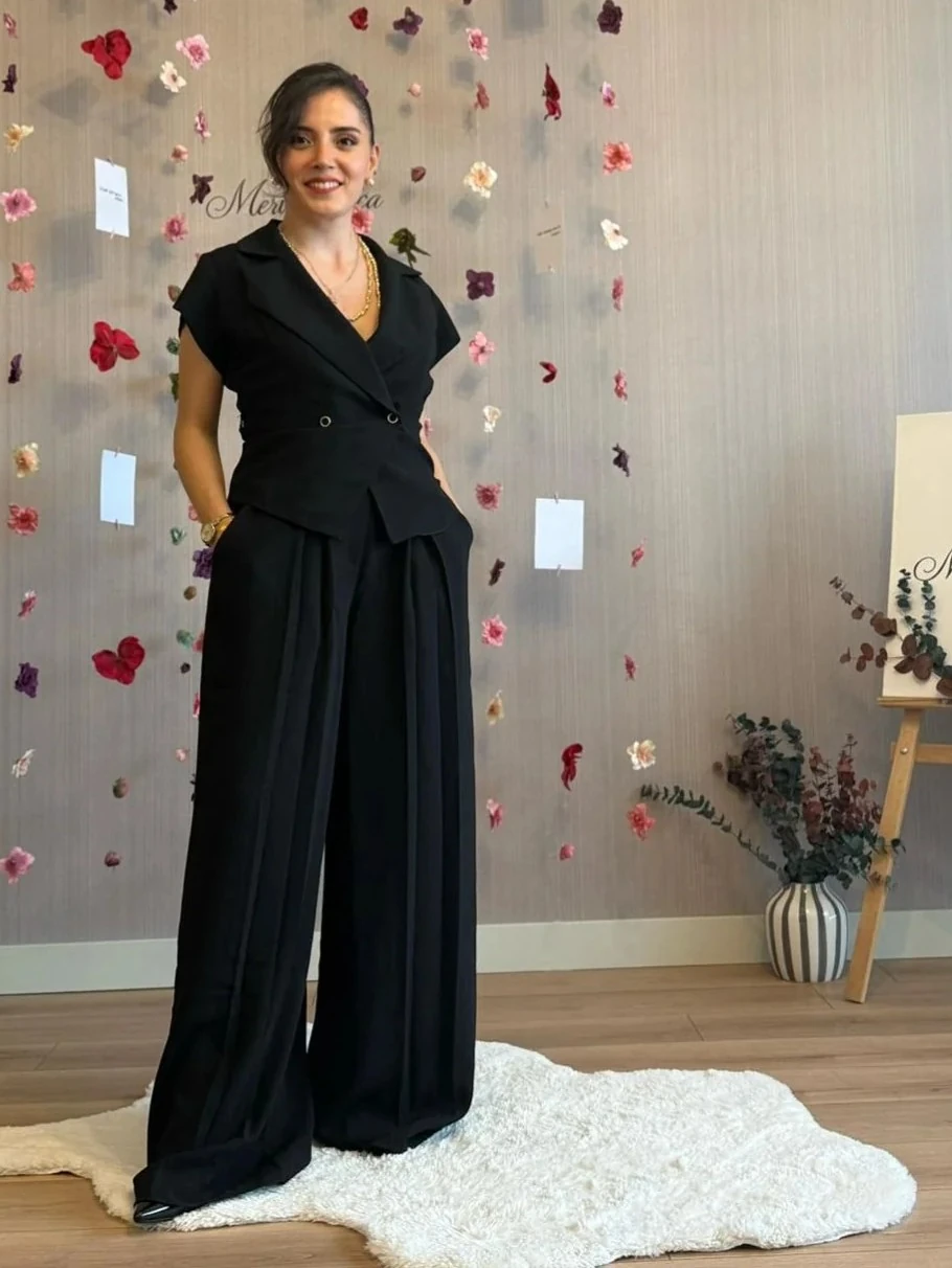 Kruvaze Yelekli Palazzo Pantolon Takımı