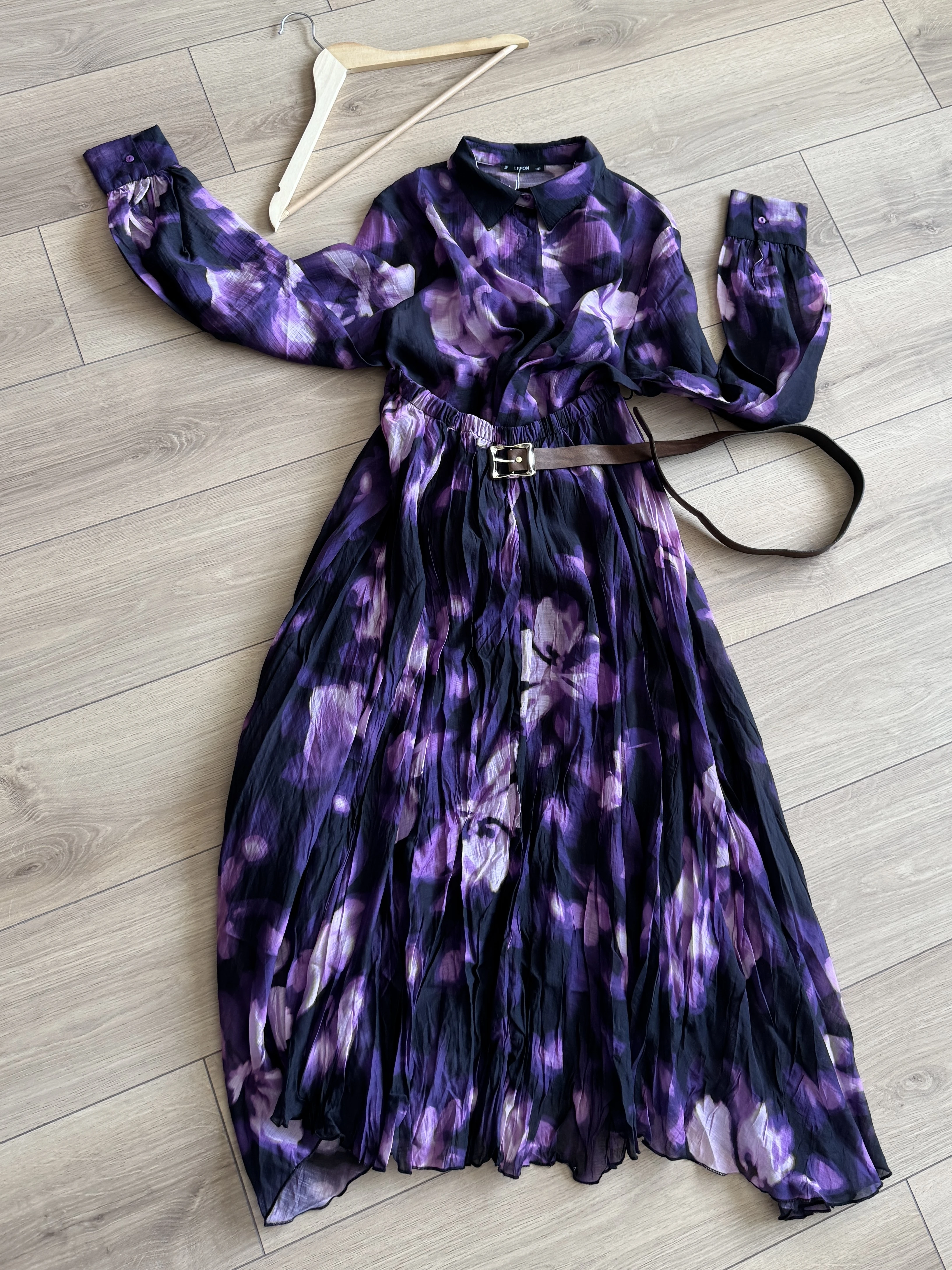 Şifon Gömlek ve Kraşlı Kloş Etek Takımı - Mürdüm