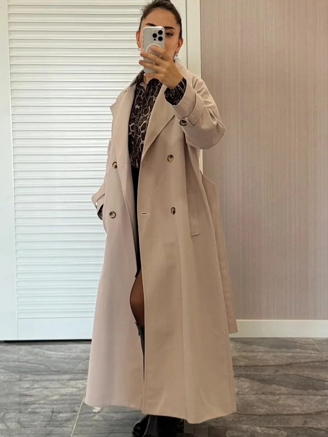 Uzun Trençkot - Taş Rengi