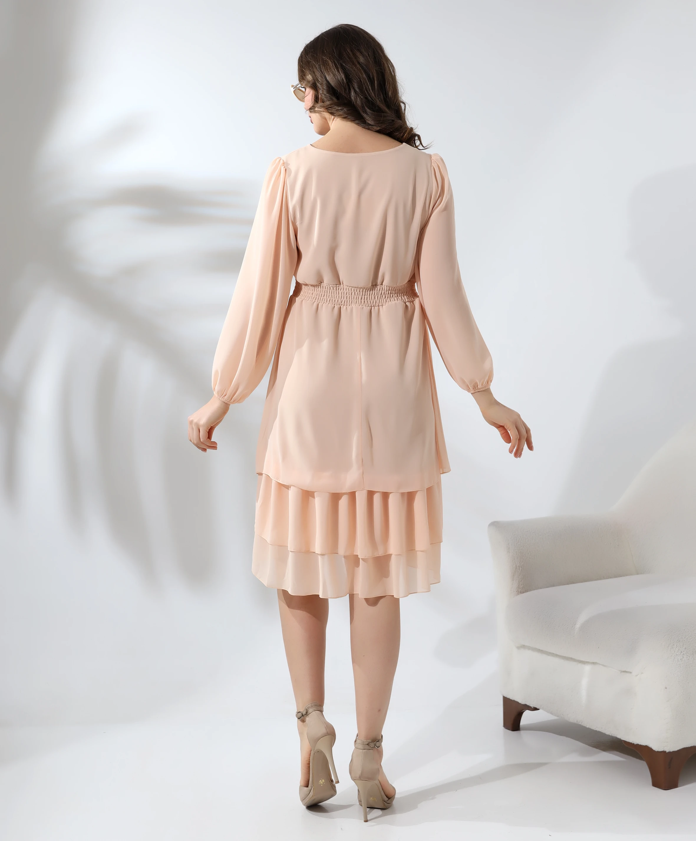 V Yaka Şifon Kısa Elbise