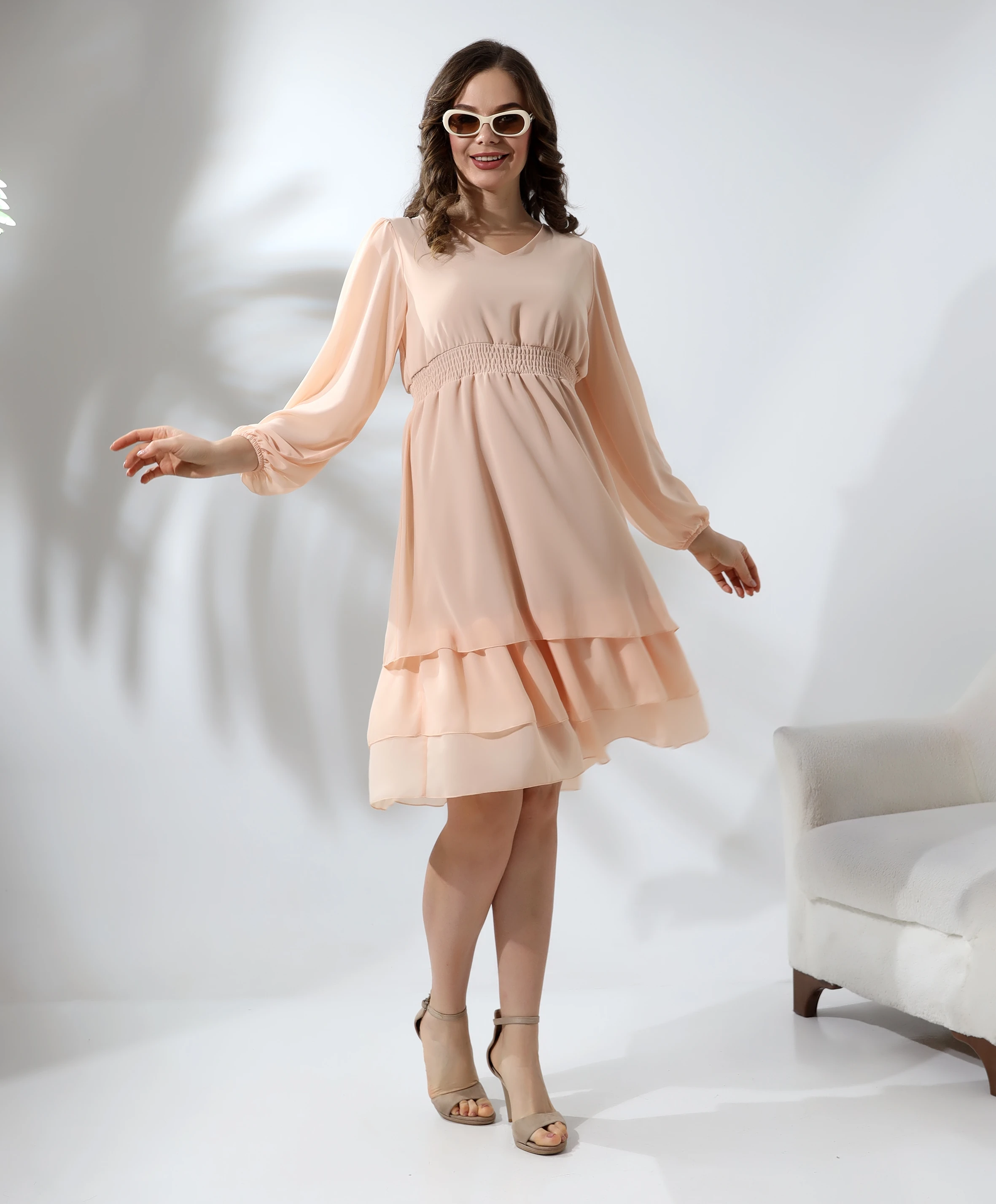 V Yaka Şifon Kısa Elbise