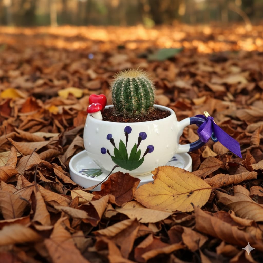 Mor Kasımpatı Desenli Çini Kupada Kaktüs