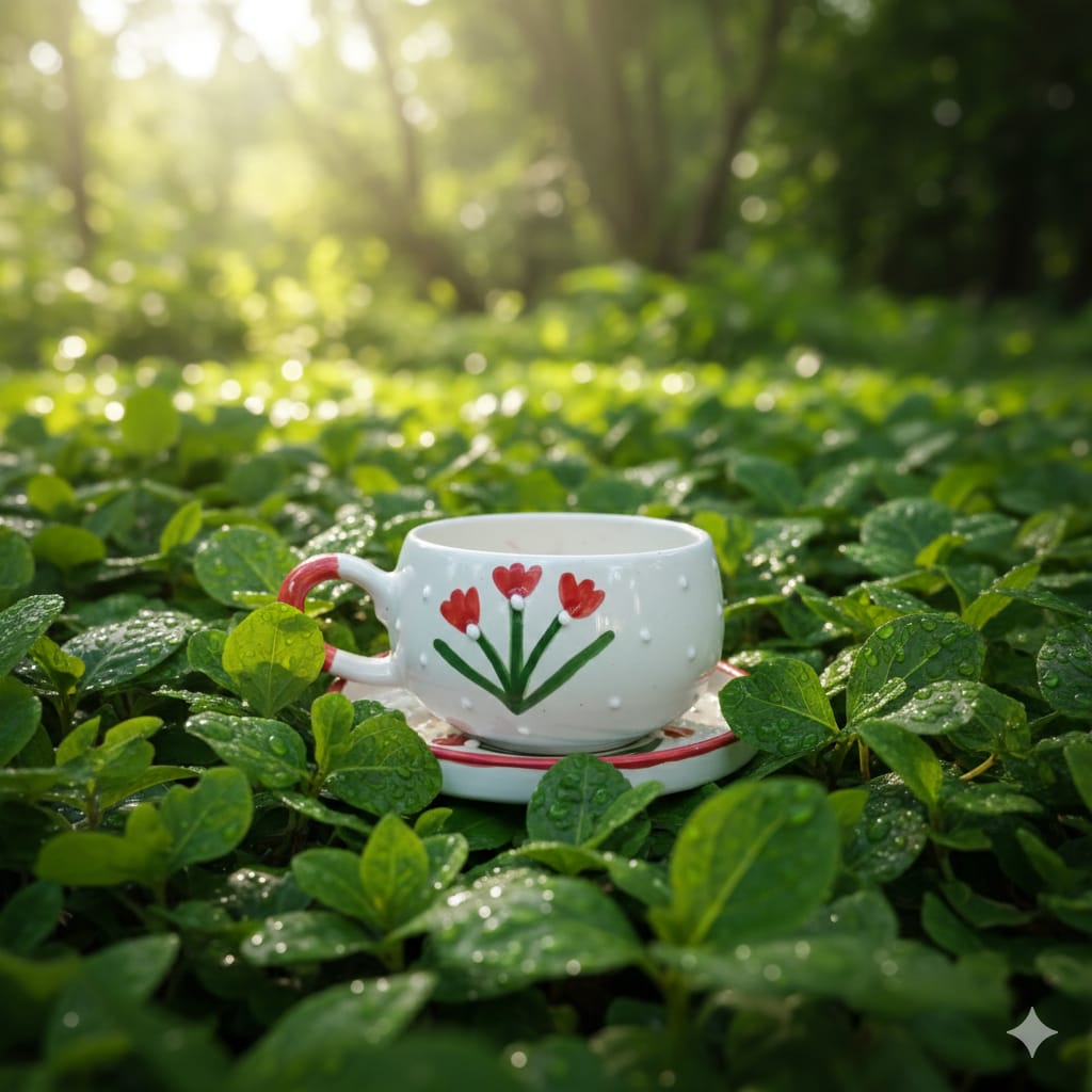 Kırmızı Çiğdem Çiçeği Desenli Tabaklı Çini Kupa