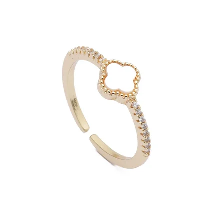 Altın Renkli Sedefli Yonca Figürlü Zirkon Taşlı Ayarlanabilir Yüzük