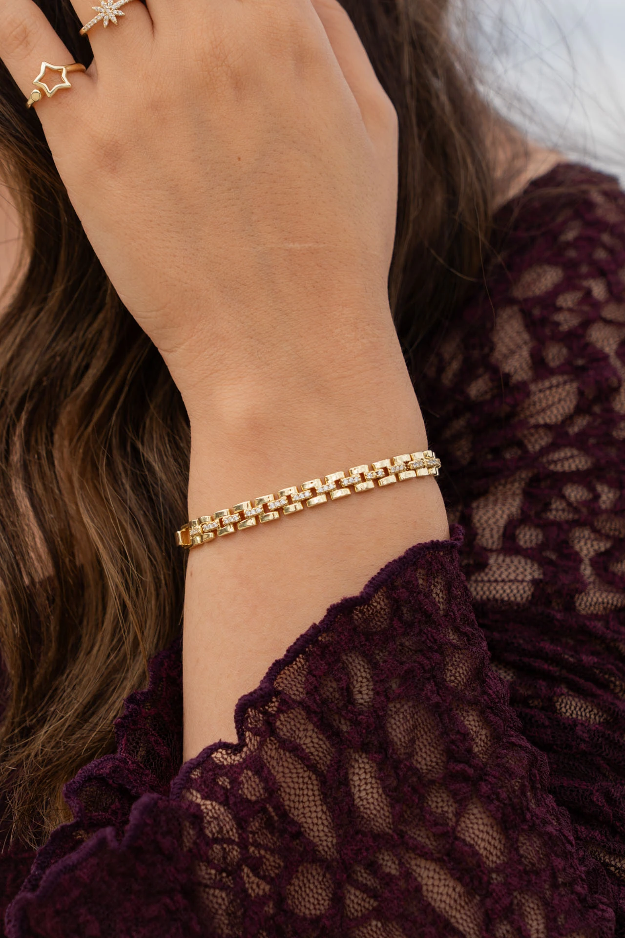 Altın Rengi Zirkon Taşlı Saat Kordonu Model Bileklik