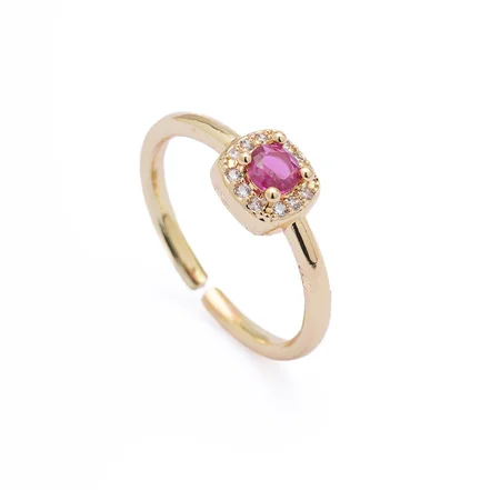 Altın Renkli Pembe Taşlı Kare Halo Model Ayarlanabilir Yüzük