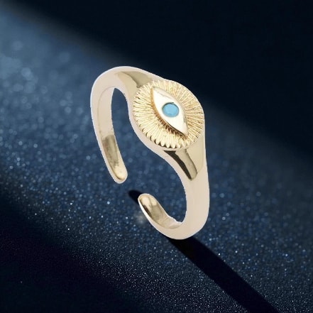 Altın Renkli Turkuaz Gözlü Nazar Boncuğu Ayarlanabilir Yüzük