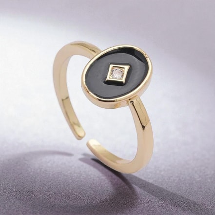 Altın Renkli Siyah Mineli Zirkon Taşlı Oval Ayarlanabilir Yüzük
