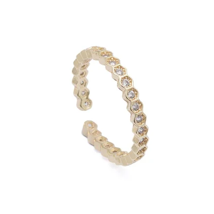 Altın Renkli Zirkon Taşlı Petek Tasarım Ayarlanabilir Yüzük