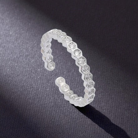 Gümüş Renkli Zirkon Taşlı Petek Tasarım Ayarlanabilir Yüzük