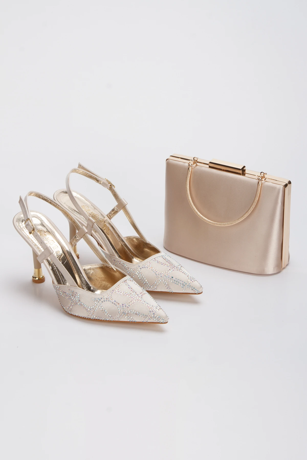 Perla Gold Topuklu Ayakkabı&Çanta Takımı - altın saten çantalı