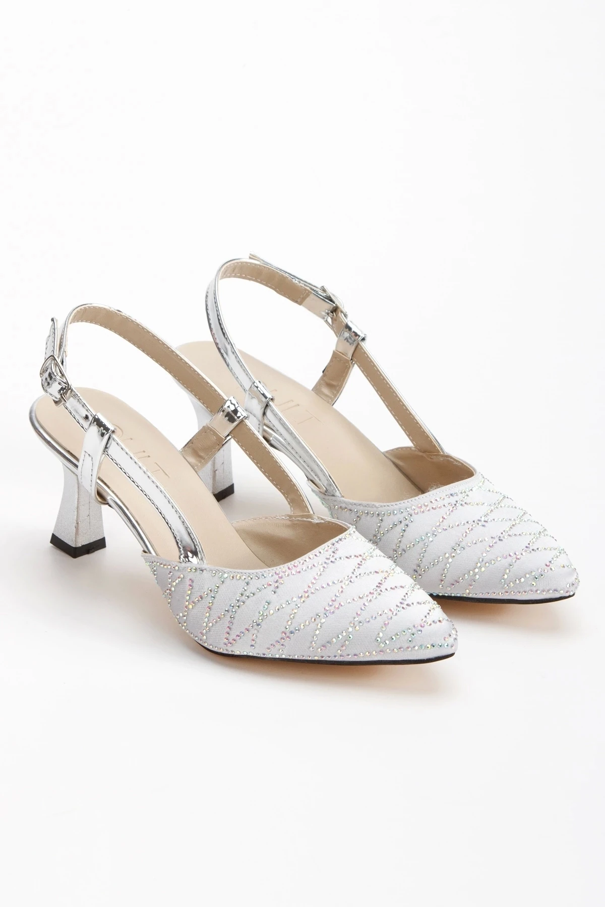 Verla Gümüş Kadın Saten Desenli Topuklu Ayakkabı