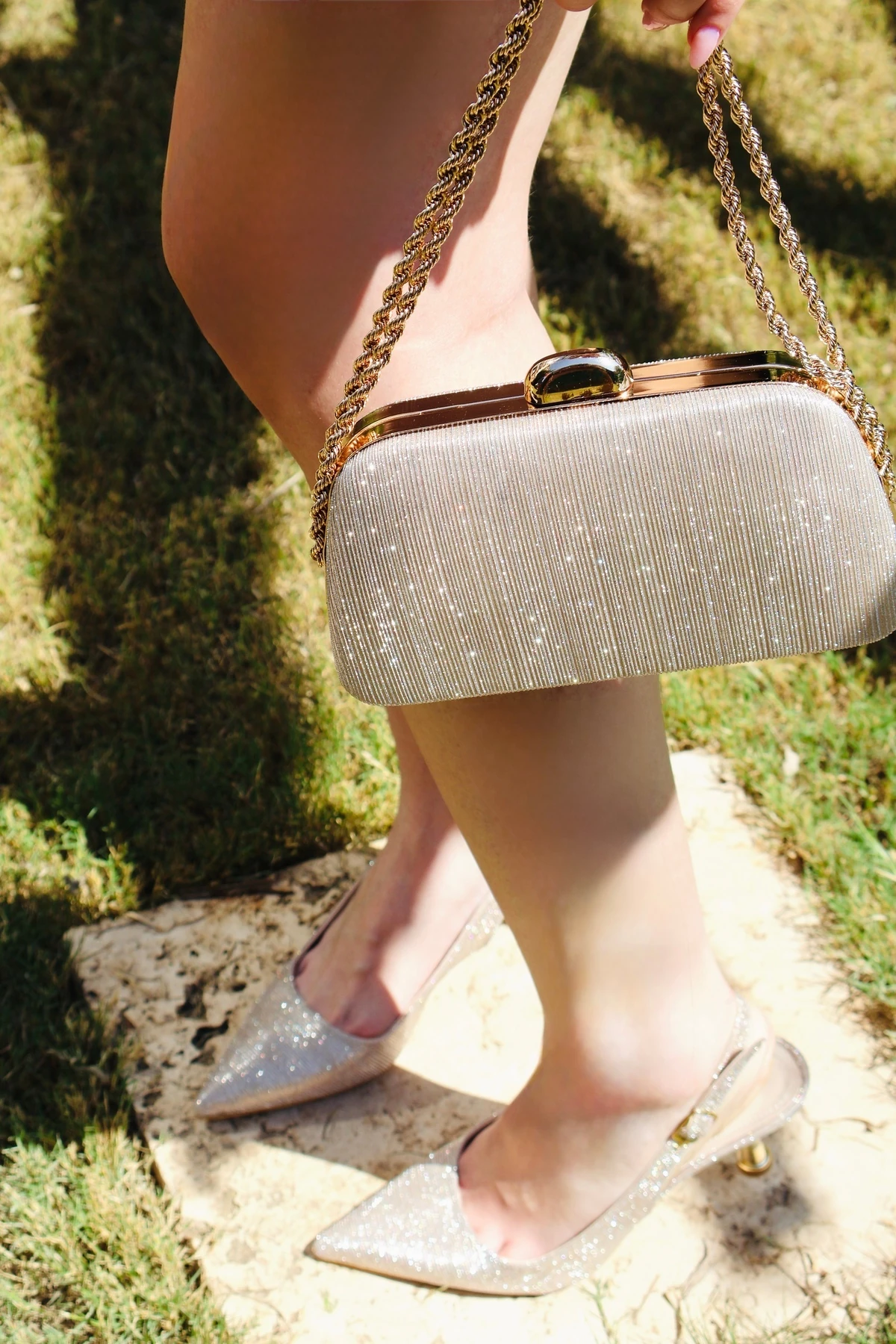 Lucent Gold Topuklu Ayakkabı&Çanta Takım - altın parıltı çantalı