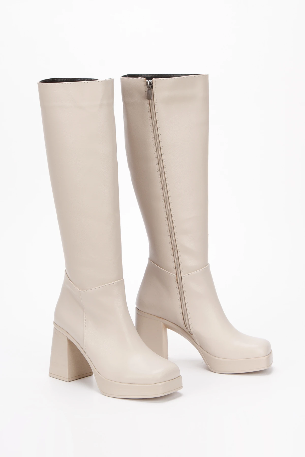 Seren Bej Küt Burunlu Platform Topuklu Çizme - bej