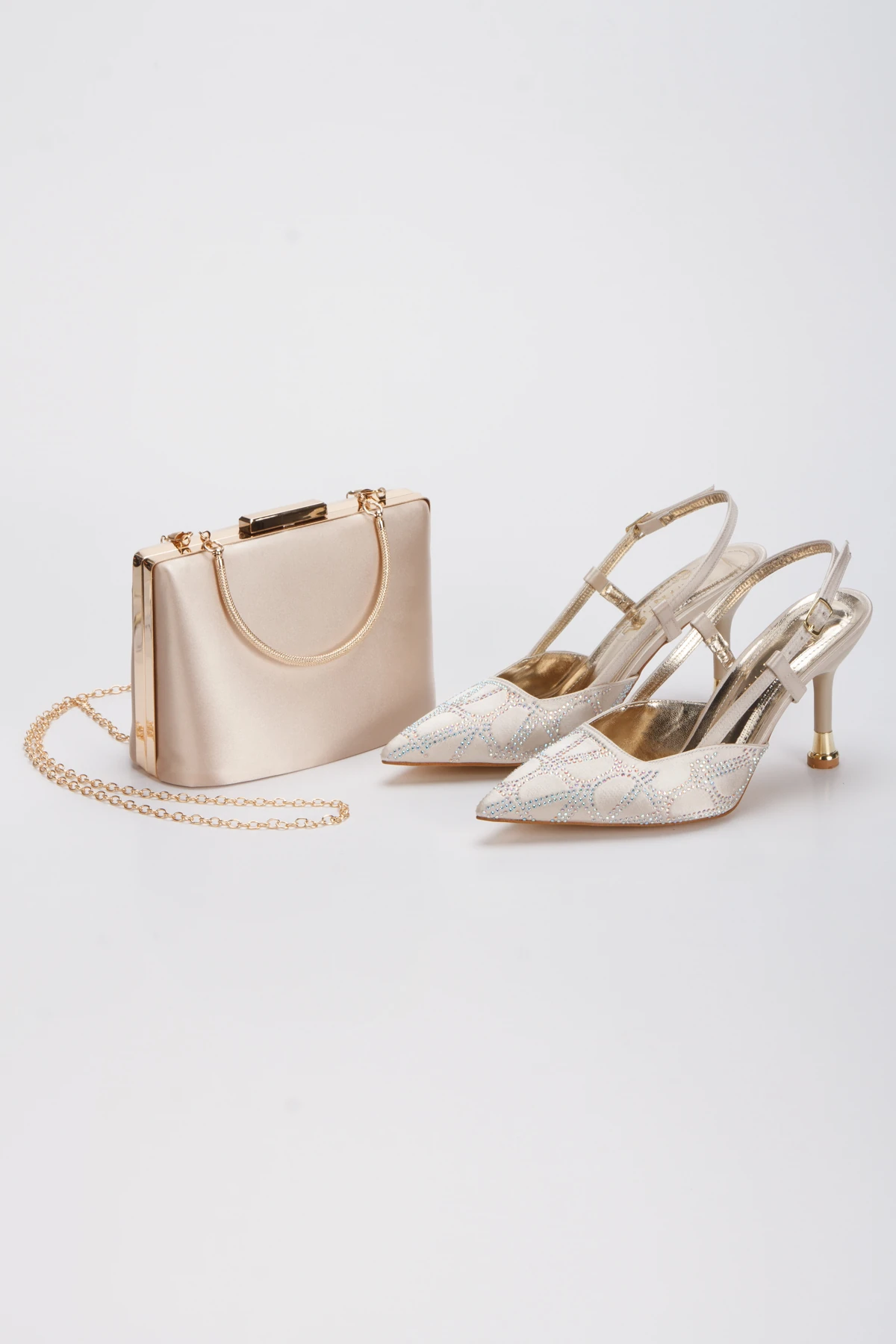 Perla Gold Topuklu Ayakkabı&Çanta Takımı