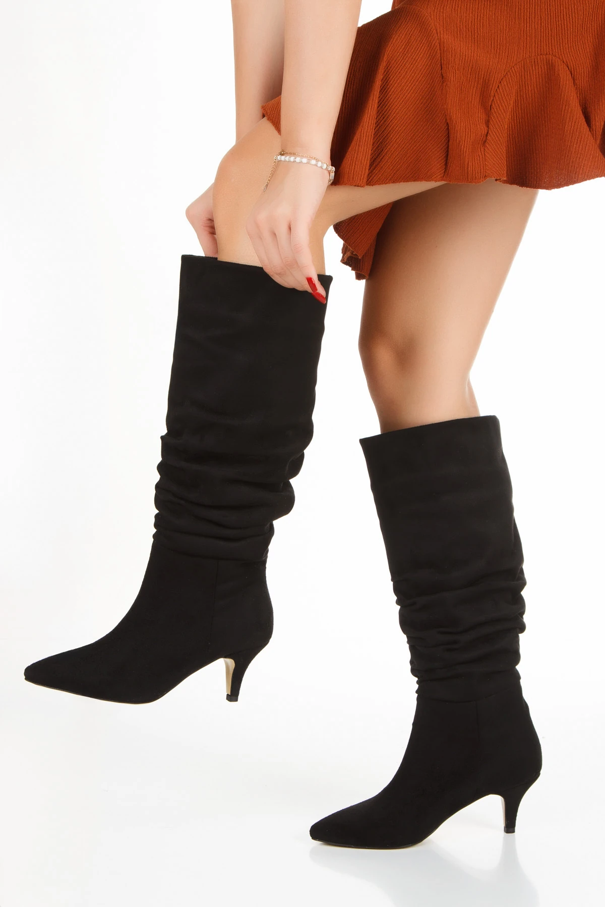 Elyra Büzgülü Topuklu Çizme - süet siyah