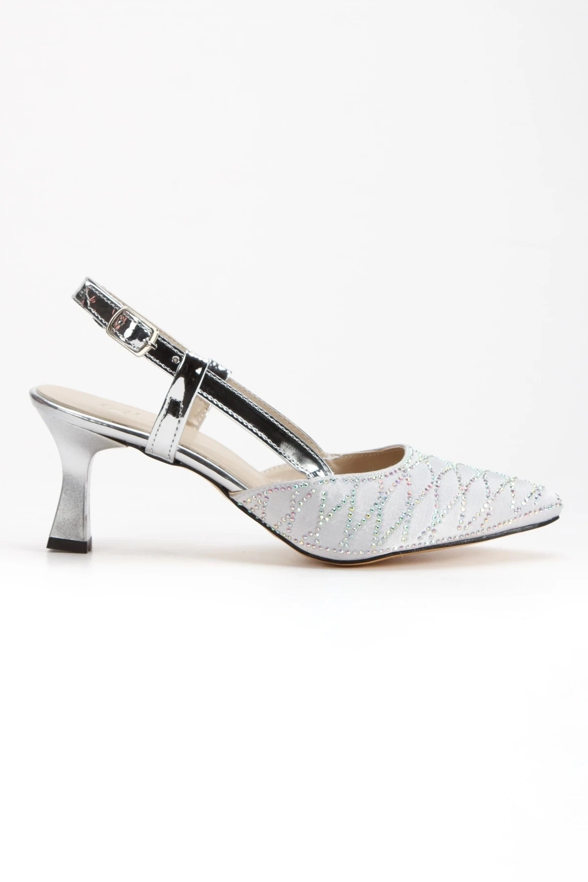 Verla Gümüş Kadın Saten Desenli Topuklu Ayakkabı