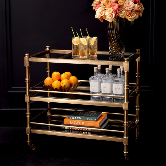 TROLLEY ALEXİA VİNTAGE BRASS FİNİSH BEVELLED CLEAR GLASS