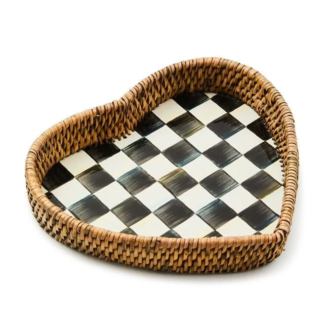 COURTLY CHECK ENAMEL & RATTAN HEART TRAY