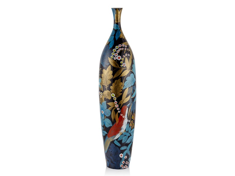 ESSENT MAVI SIYAH KIRMIZI DETAYLI INCE AGIZLI VAZO BUYUK BOY 24,5X108 CM