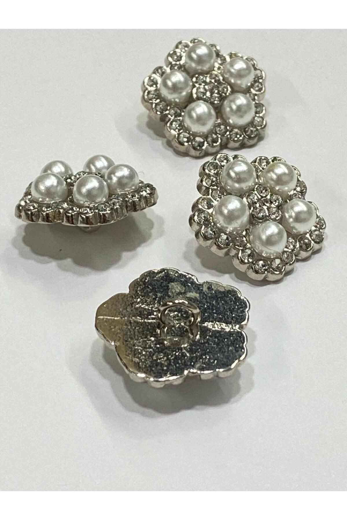 Taşlı Düğme / Taşlı İnci Düğme / 4 lü set Gümüş