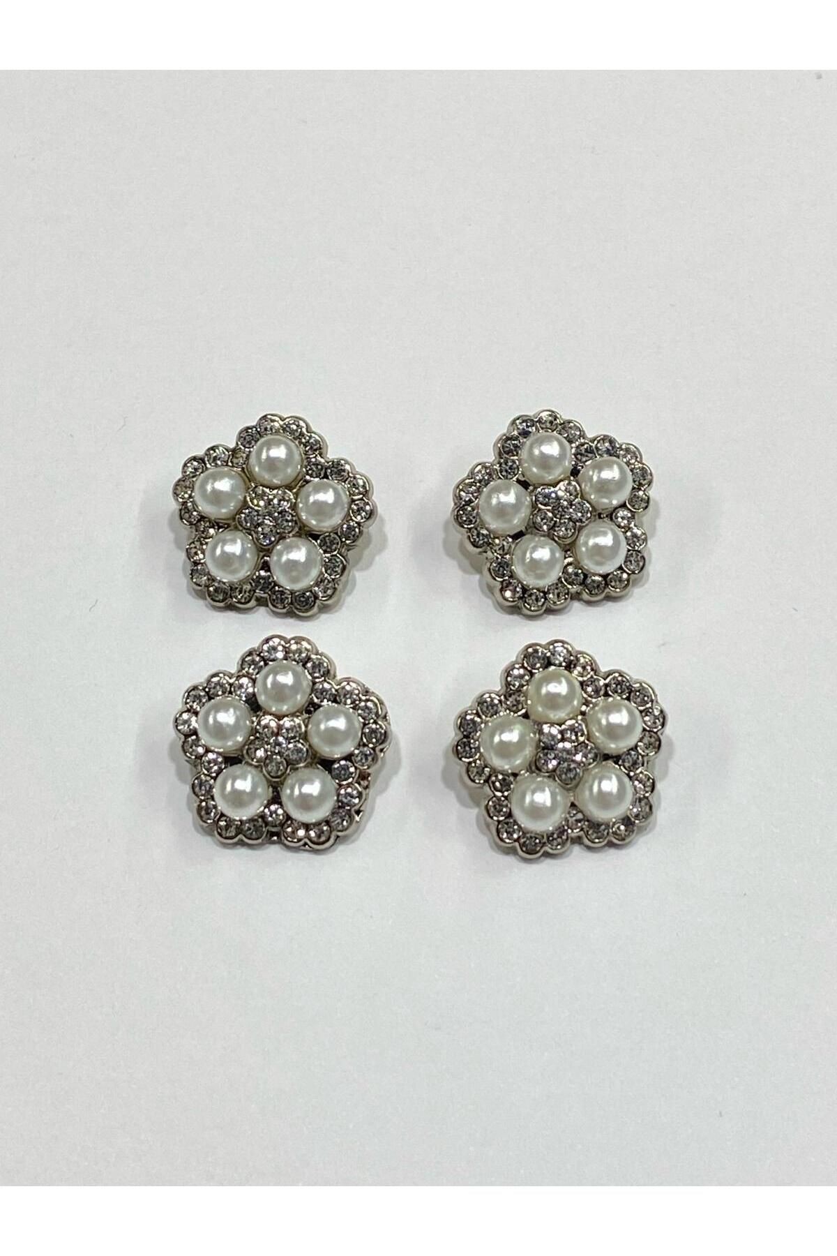 Taşlı Düğme / Taşlı İnci Düğme / 4 lü set Gümüş