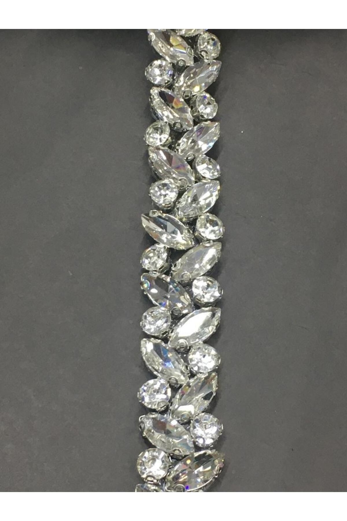 Ütü Ile Yapışan Taşlı Şerit / Çapraz Model / 50 Cm / Gümüş