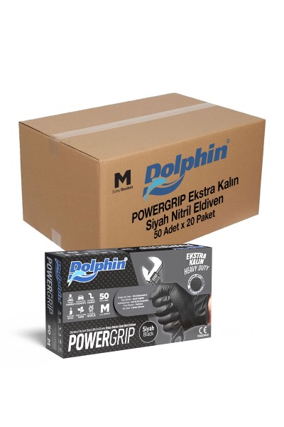 Dolphin PowerGrip Ekstra Kalın Siyah Nitril Eldiven Elmas Dokulu 50 Adet x 20 Paket - Koli