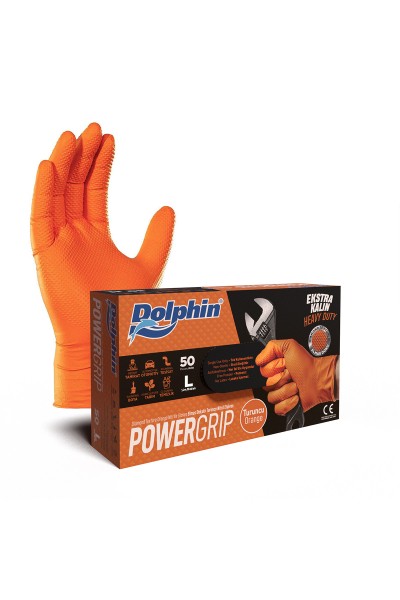 Dolphin PowerGrip Ekstra Kalın Turuncu Nitril Eldiven Elmas Dokulu  50 Adet