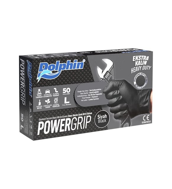 Dolphin PowerGrip Ekstra Kalın Siyah Nitril Eldiven Elmas Dokulu  50 Adet