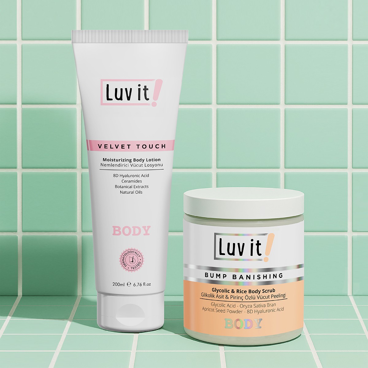 Pirinç Özlü, Seramid ve Hyalüronik Asit İçeren 2'li Vücut Bakım Seti - Body Scrub ve Vücut Losyonu
