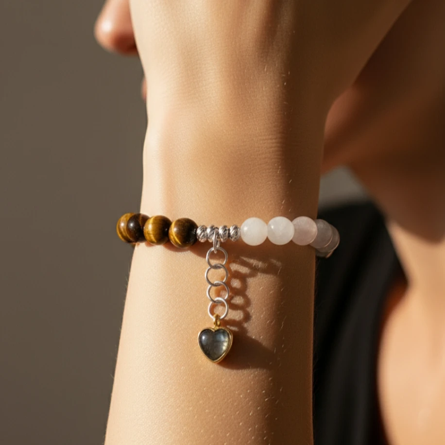 Kaplan gözü ve Beyaz akik doğal taş tasarım bileklik