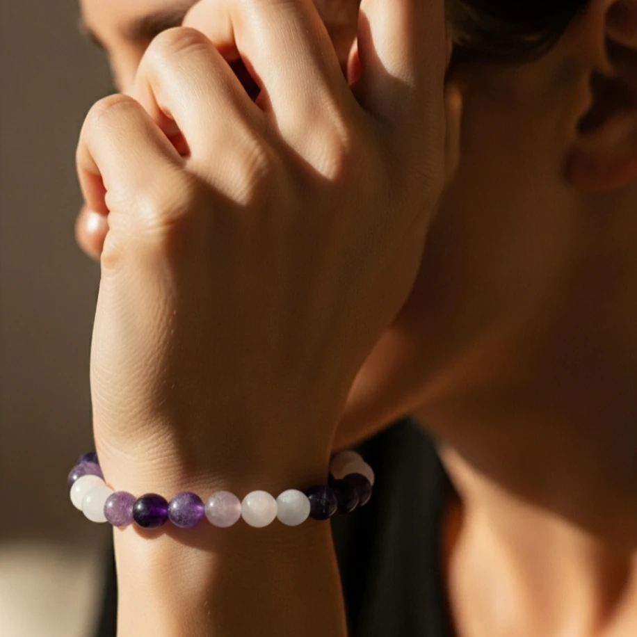 Mor florit ve Beyaz akik doğal taş tasarım bileklik