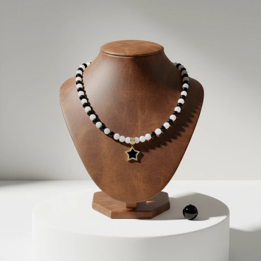 Aquamarin ve Oniks doğaltaş tasarım kolye