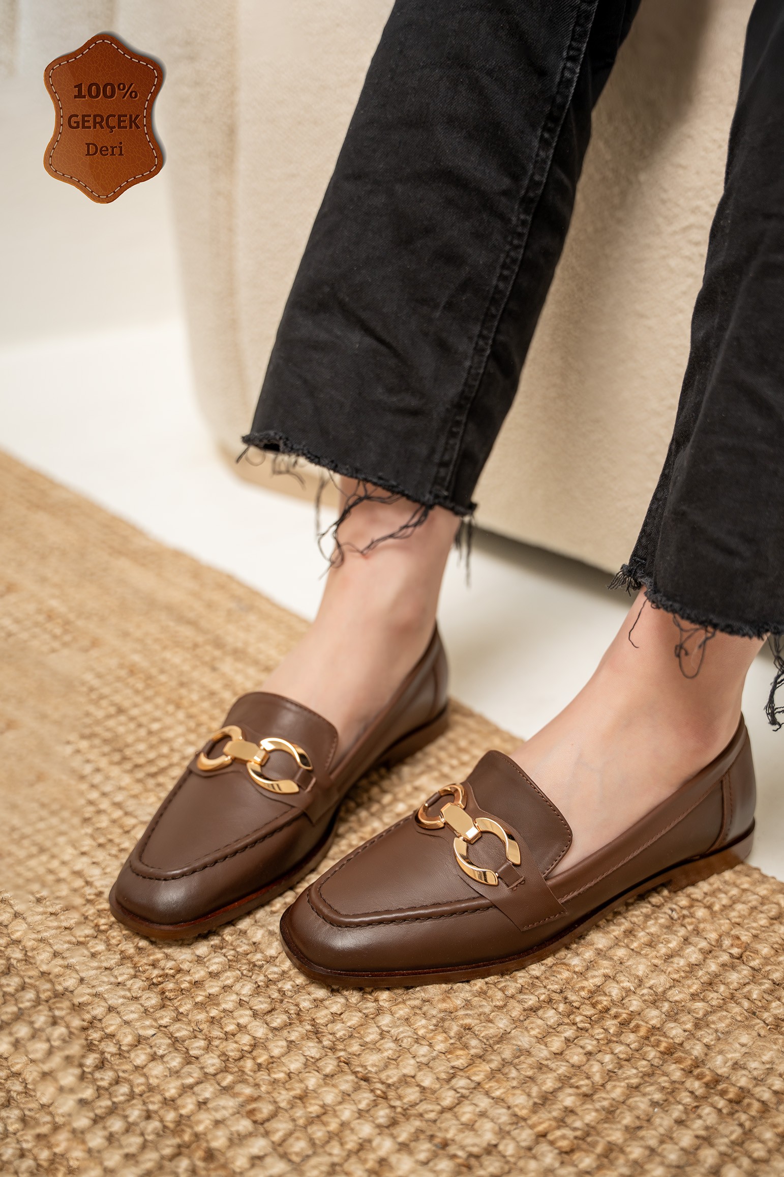 Zeys Gold Aksesuarlı Hakiki Deri Loafer - Acı Kahve